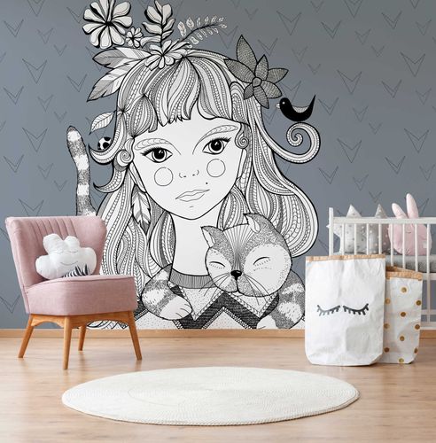 Photo Wallpaper Non-Woven Girl Cat blue black