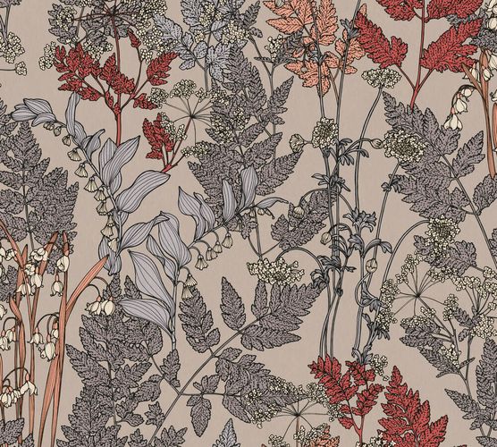 Non-Woven Wallpaper Floral Leaves beige red grey 37751-2