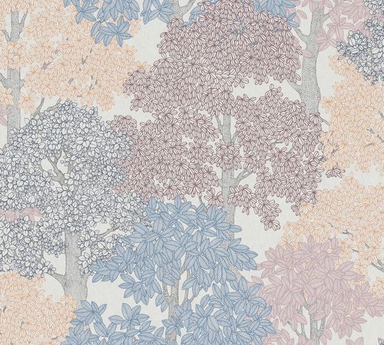 Non-Woven Wallpaper Trees Leaves grey red blue 37753-4