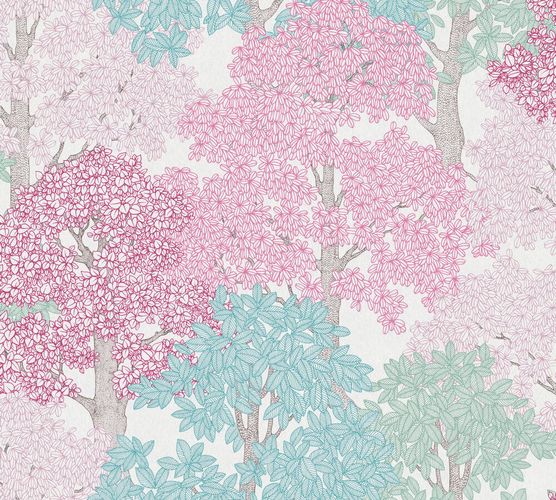 Non-Woven Wallpaper Trees Leaves white pink blue 37753-5