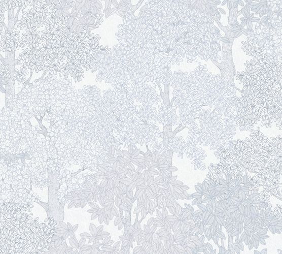 Non-Woven Wallpaper Trees Leaves white grey 37753-6