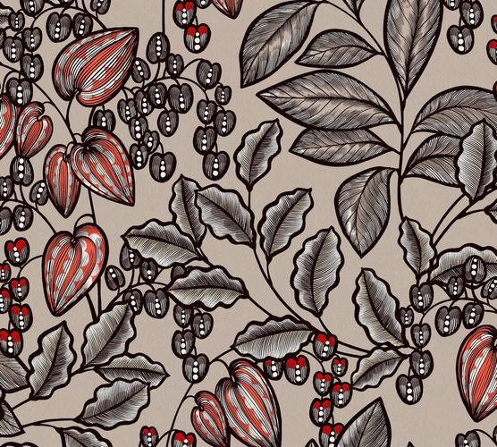 Non-Woven Wallpaper Leaves Fruits beige grey red 37754-3