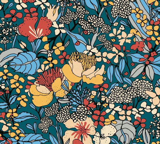 Non-Woven Wallpaper Flowers dark blue colourful 37756-4