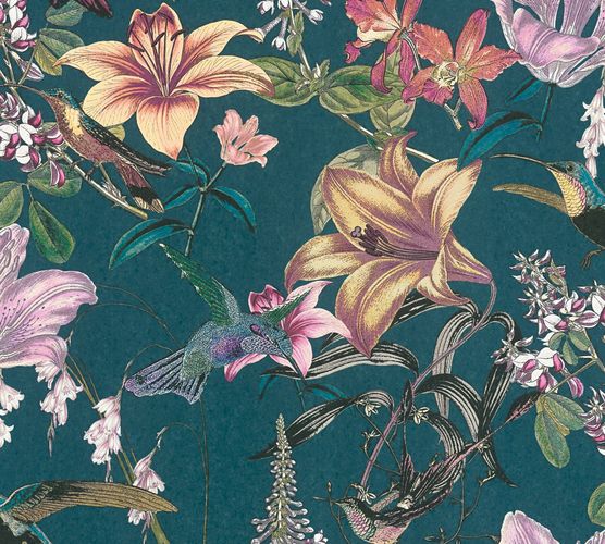 Non-Woven Wallpaper Flowers Bird Floral blue 37701-2