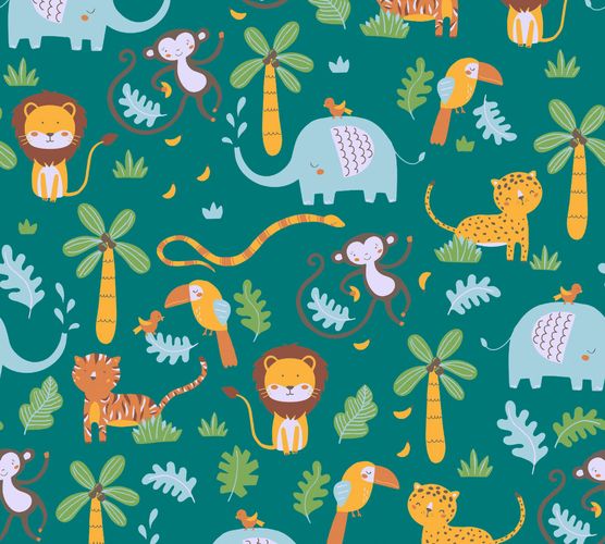 Wallpaper Kids Jungle Animals green colourful 38115-1