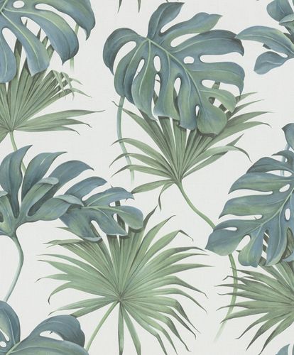 Non-Woven Wallpaper Jungle Leaves green blue white 32745