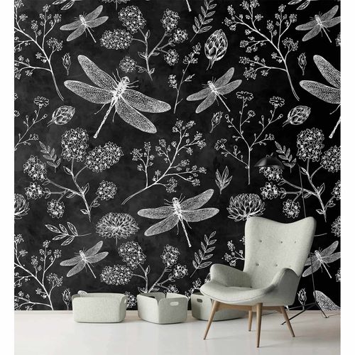 Image Photo Wallpaper Non-Woven Flowers Dragonflies Board black