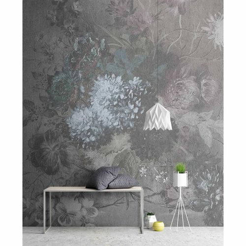 Picture Photo Wallpaper Non-Woven Flowers Floral grey blue