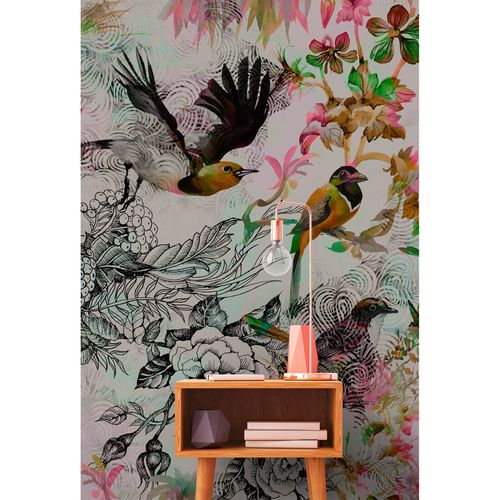 Picture Photo Wallpaper Non-Woven Birds Flowers Neon pink green