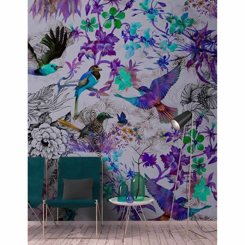 Picture Photo Wallpaper Non-Woven Birds Flowers Neon purple