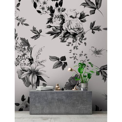 Image Photo Wallpaper Non-Woven Blossoms Roses grey black