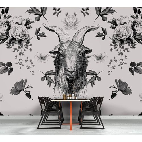 Image Photo Wallpaper Non-Woven Goat Blossoms grey black