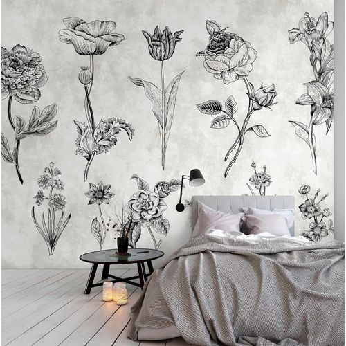 Image Photo Wallpaper Non-Woven Herbs Flowers grey black