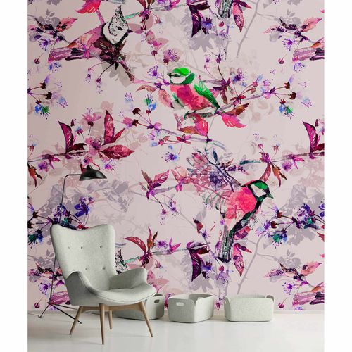 Image Photo Wallpaper Non-Woven Birds Flowers grey pink