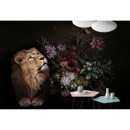 Image Photo Wallpaper Non-Woven Lion Flowers black brown