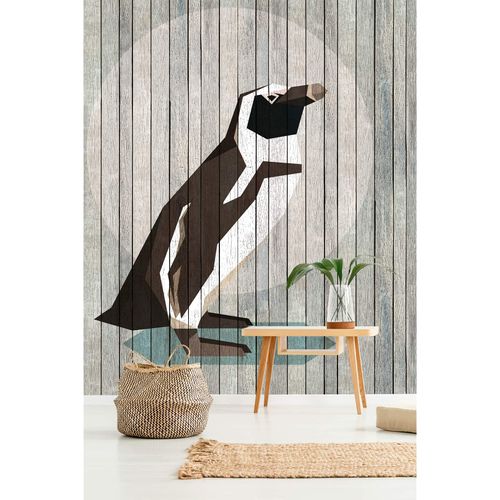 Image Photo Wallpaper Non-Woven Penguin Wood Panels beige