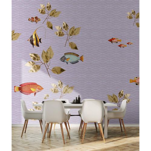 Image Photo Wallpaper Non-Woven Fishes Leaves Waves purple