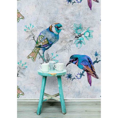 Picture Photo Wallpaper Non-Woven Birds Watercolour blue grey