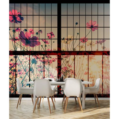 Picture Photo Wallpaper Non-Woven Window Meadow Flowers red