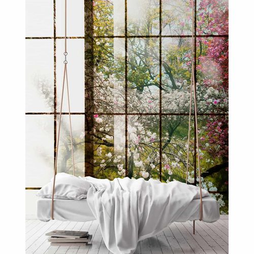 Image Photo Wallpaper Non-Woven Window Cherry Trees green pink