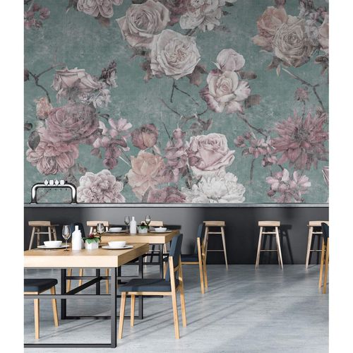 Picture Photo Wallpaper Non-Woven Roses Vintage pink turquoise