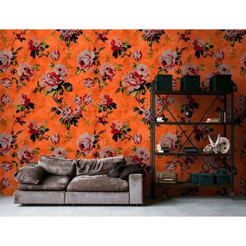 Image Photo Wallpaper Non-Woven Vintage Roses orange red grey