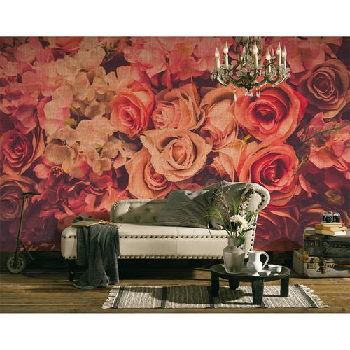 Room Image Photo Wallpaper Roses Vintage Textile red pink cream