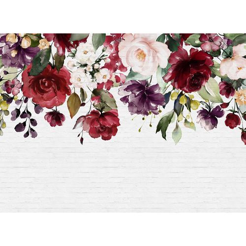 Photo Wallpaper Stone Wall Flowers white red green