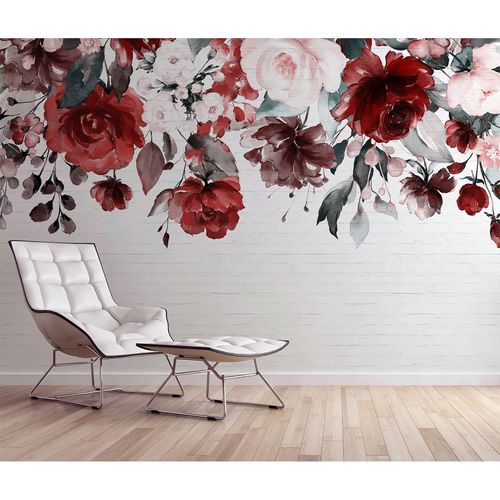 Photo Wallpaper Stone Wall Flowers grey red Designwalls