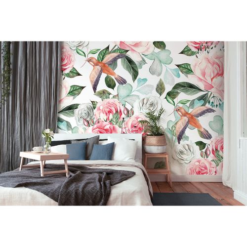 Room Picture Photo Wallpaper Roses Birds Leaves white pink green