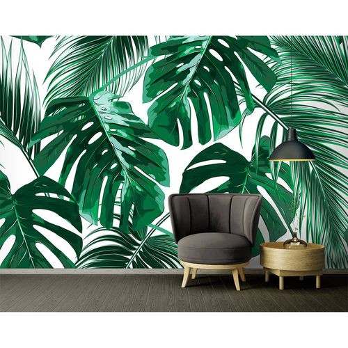 Photo Wallpaper Leaves Palms green white Designwalls