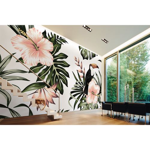 Room Image Photo Wallpaper Toucan Flowers Leaves green pink white