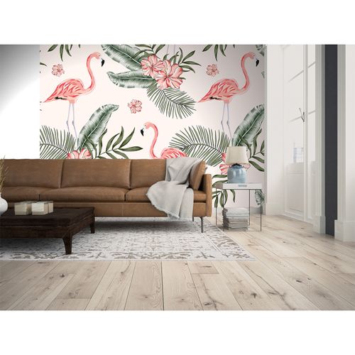 Room Image Photo Wallpaper Flamingos Leaves pink green cream