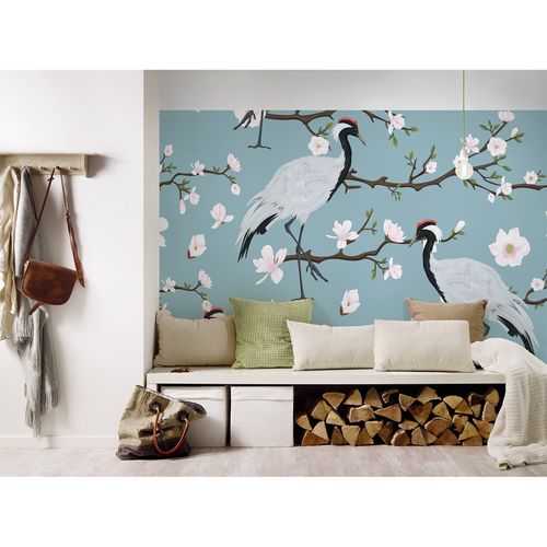 Photo Wallpaper Crane Japan Blossoms blue white pink