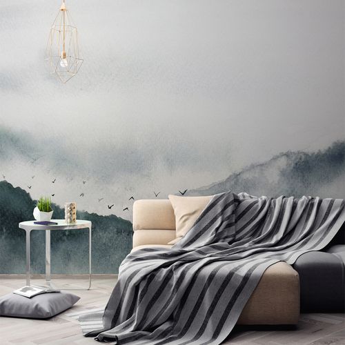 Room Image Photo Wallpaper Mountains Fog Birds grey blue black