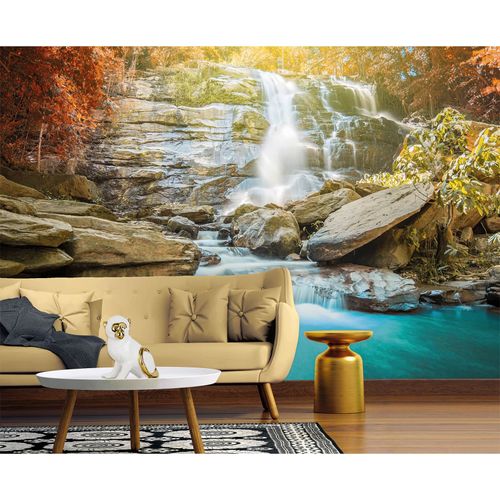 Photo Wallpaper Waterfall Rocks Forest blue green brown