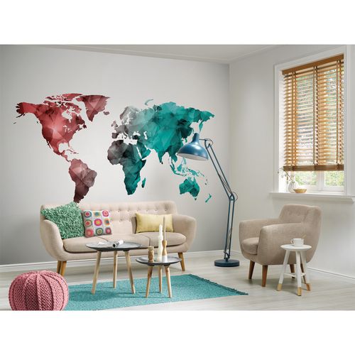 Room Image Photo Wallpaper World Map Graphic white blue red