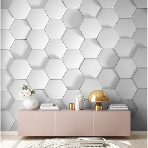 Photo Wallpaper 3D Hexagon Honeycombs white silver