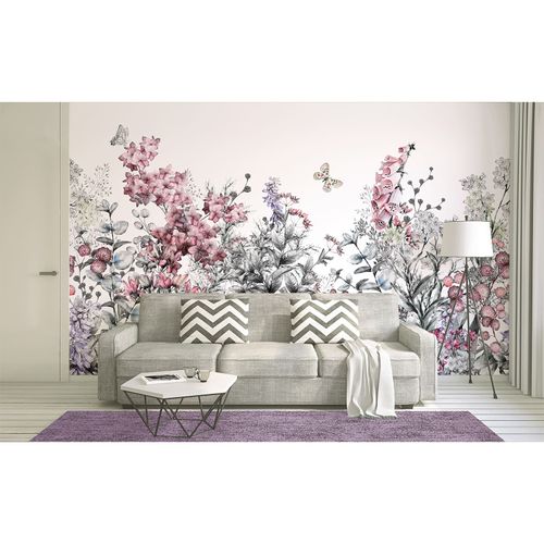 Photo Wallpaper Flowers Butterfly Floral grey pink