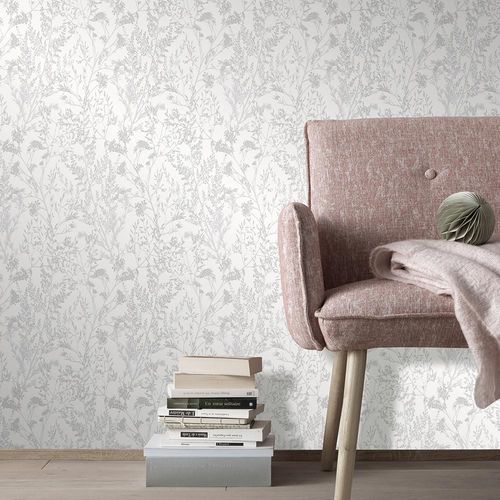 Image Non-Woven Wallpaper Floral Bushes white silver 10251-01