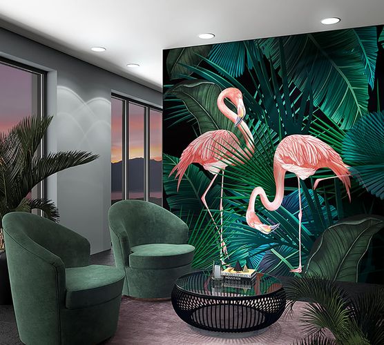 Photo Wallpaper Lesley Flamingos Leaves green pink