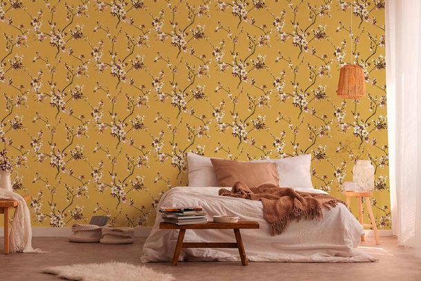 Photography Non-Woven Wallpaper Flowers Branch yellow pink 38520-1