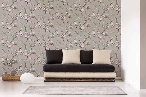 Picture Non-Woven Wallpaper Flowers Branch grey brown 38520-4