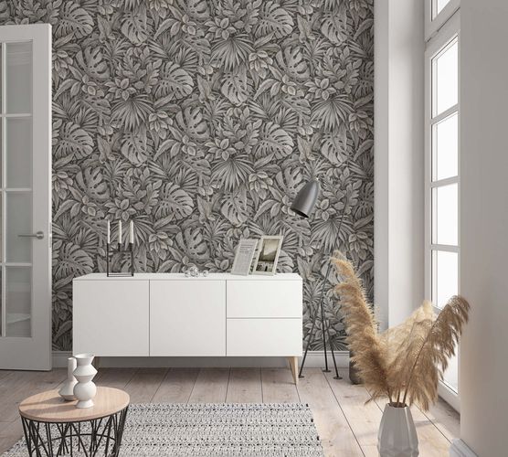 Image Non-Woven Wallpaper Leaves Floral taupe black 33305