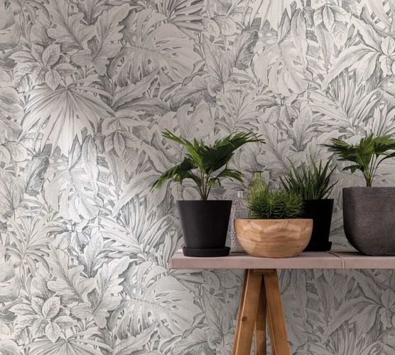 Image Non-Woven Wallpaper Leaves Floral grey white 33308