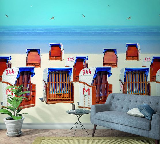 Picture Photo Wallpaper Beach Chairs Sea blue brown beige 47218