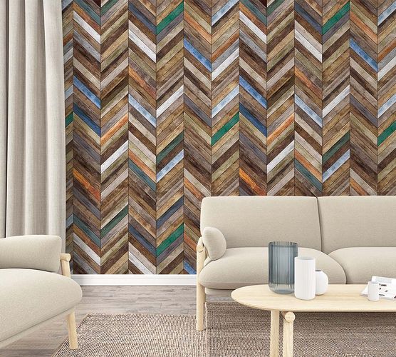 Picture Photo Wallpaper Zig-Zag Wood Look brown blue 47245