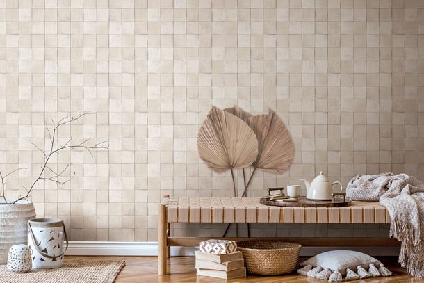 Image Non-Woven Wallpaper Tiles greige Marburg 45703