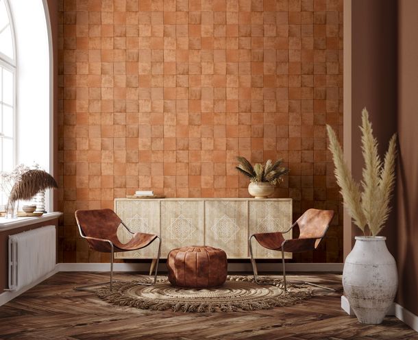 Photo Non-Woven Wallpaper Tiles orange-brown Marburg 45707