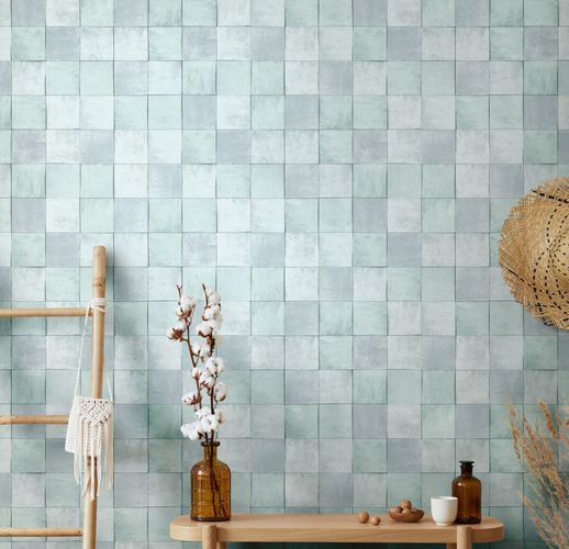 Photo Non-Woven Wallpaper Tiles blue grey Marburg 45725